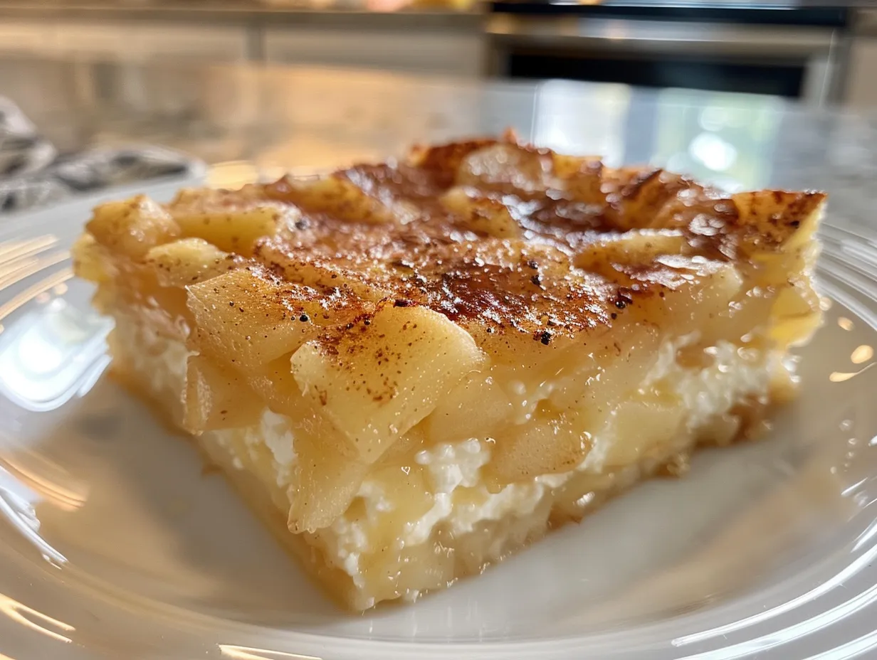 A golden-brown apple cinnamon cottage cheese bake on a rustic wooden table.