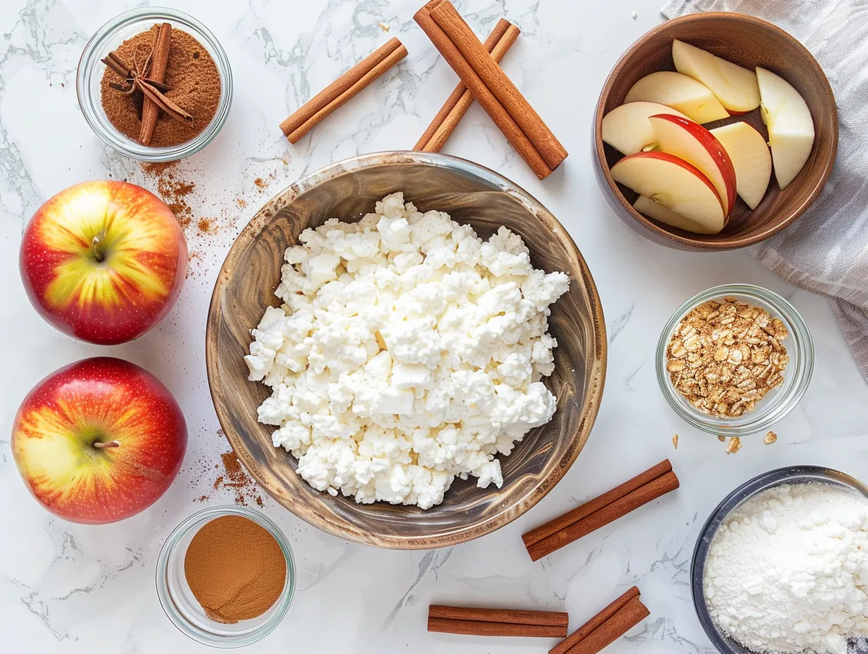 Ingredients for apple cinnamon cottage cheese bake: cottage cheese, eggs, milk, sweetener, vanilla extract, cinnamon, nutmeg, and diced apples.