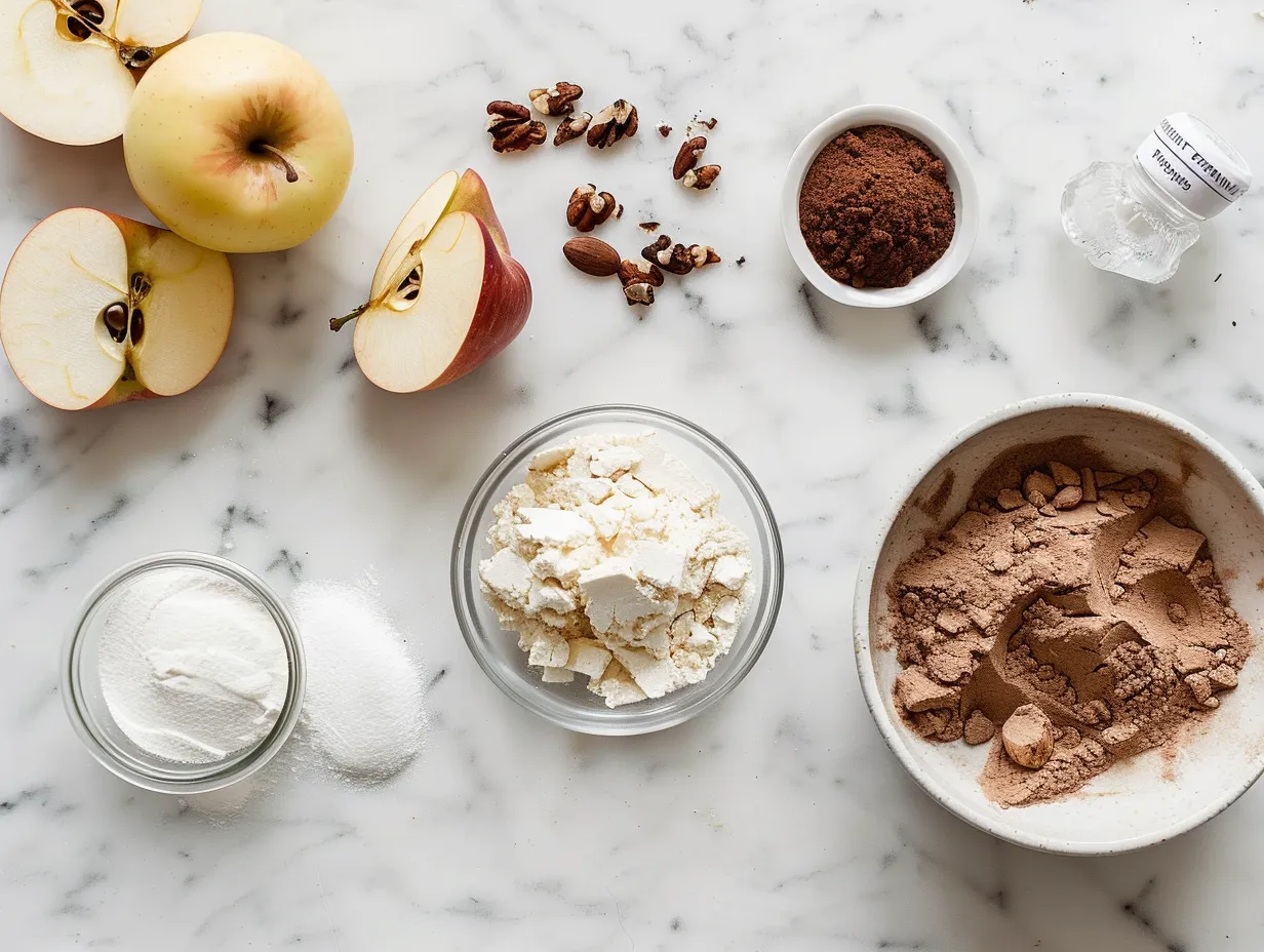 Raw ingredients for a soft apple cake, including apples, flour, sugar, and spices, arranged on a wooden surface