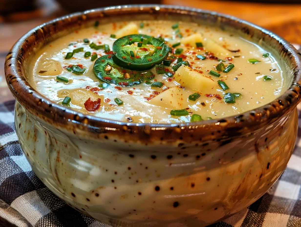 A bowl of creamy Jalapeno Popper Soup topped with bacon.