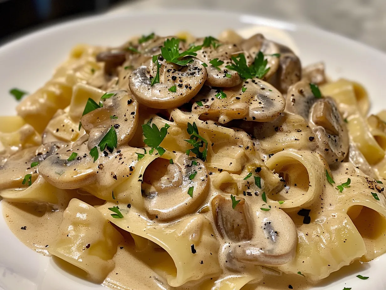 A bowl of delicious, creamy vegan mushroom stroganoff garnished with parsley.