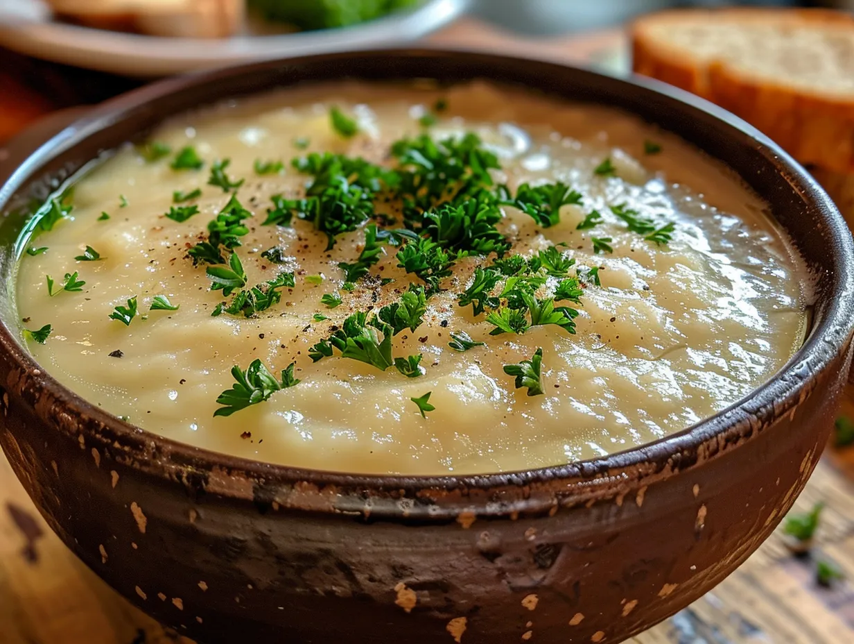 A bowl of steaming homemade garlic soup garnished with fresh herbs.