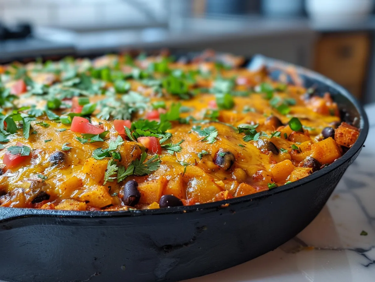 Butternut Squash and Black Bean Enchilada Skillet displayed in a cast iron skillet with a spoon