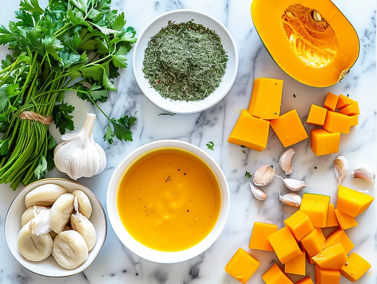 Ingredients for butternut squash gnocchi soup including butternut squash, onion, garlic, vegetable broth, gnocchi, sage and cream.
