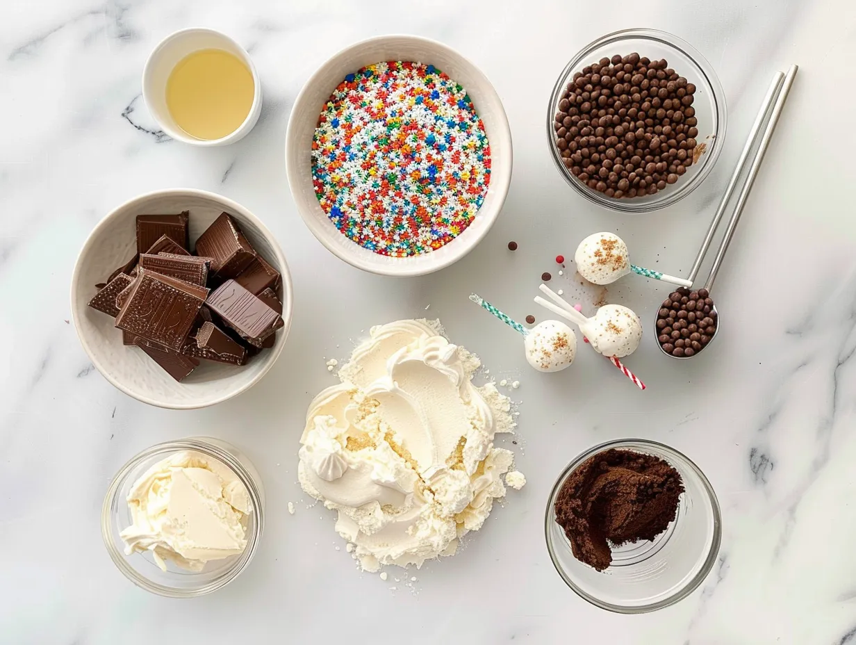 Cake pop ingredients including cake mix, frosting, candy melts, and sprinkles, arranged on a marble surface.
