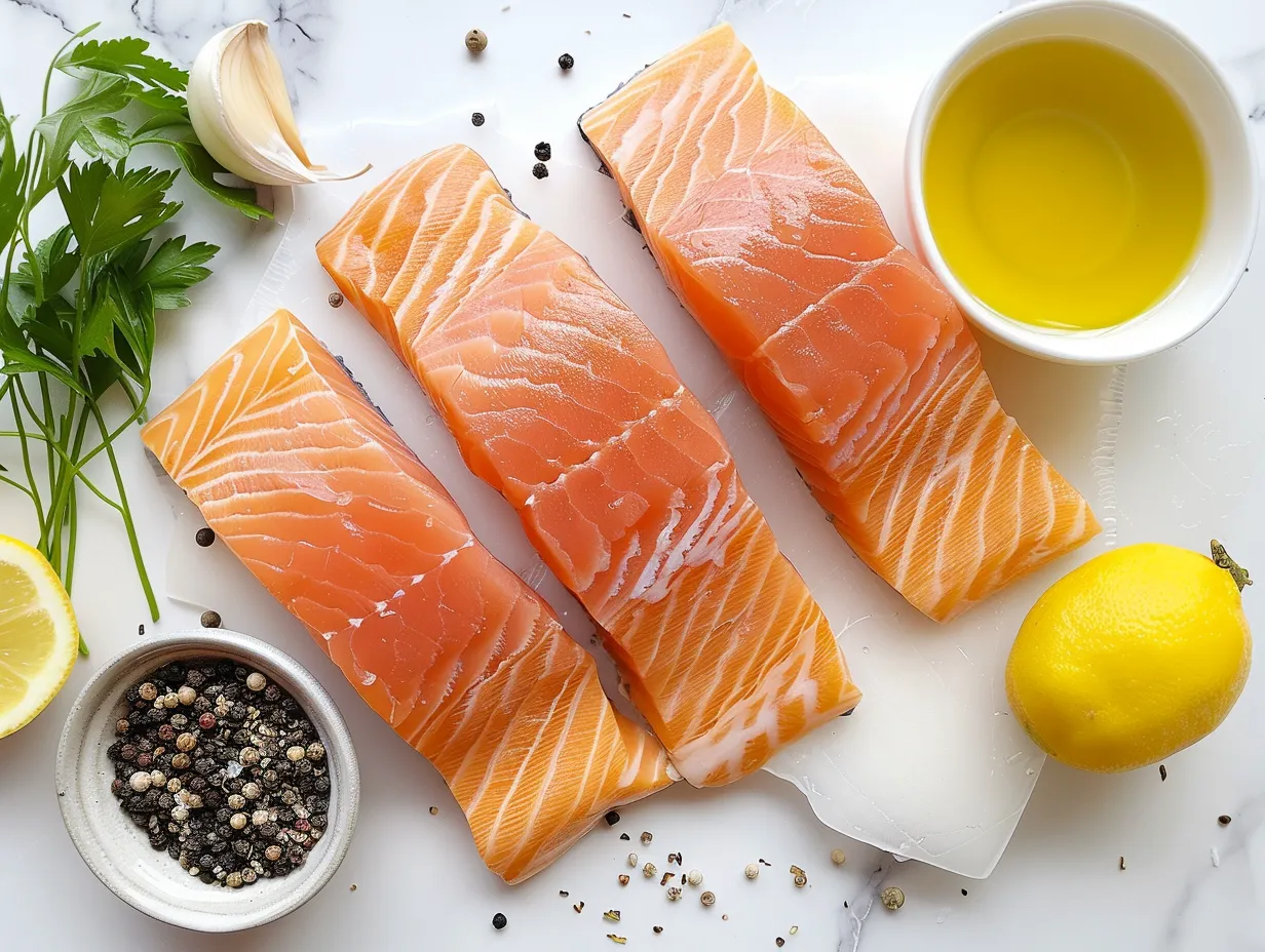 Ingredients for Cedar Plank Salmon including salmon, cedar plank, lemon, garlic, dill, olive oil, salt and pepper