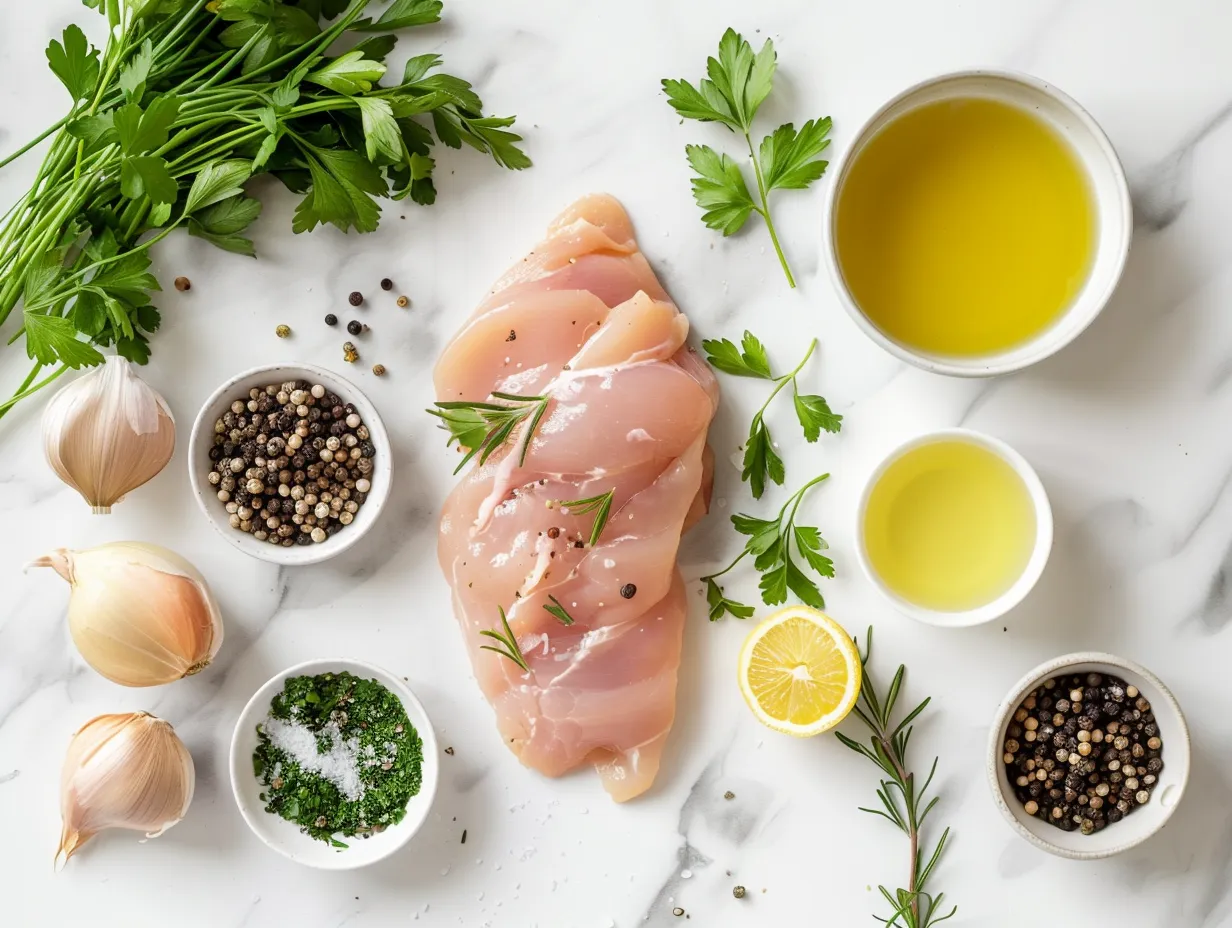 Ingredients for making Chicken Piccata including chicken breasts, flour, salt, pepper, olive oil, butter, chicken broth, lemon juice, capers, and parsley.