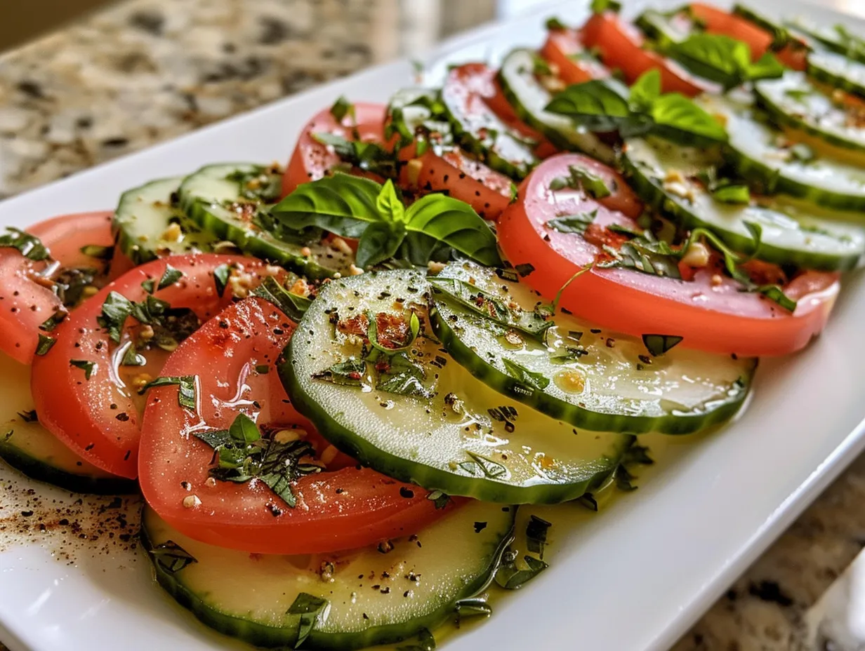 Close-up of a Cucumber Caprese Salad