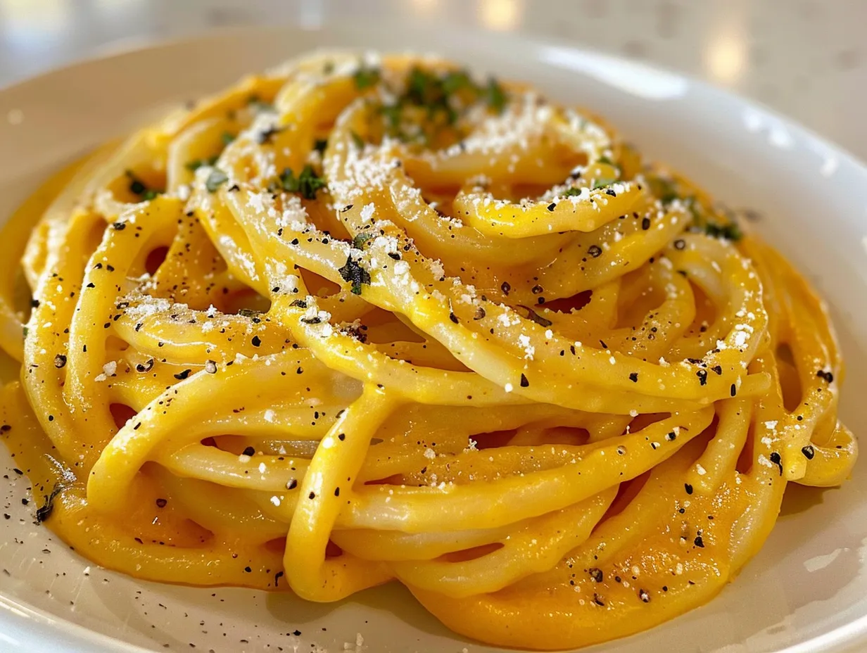 A close up of creamy butternut squash pasta in a bowl with fresh sage.