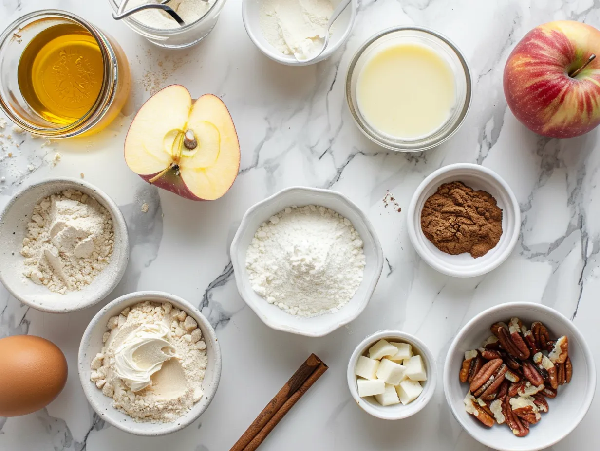 Close-up of ingredients for Caramel Apple Dessert Cups, including apples, caramel, and spices.