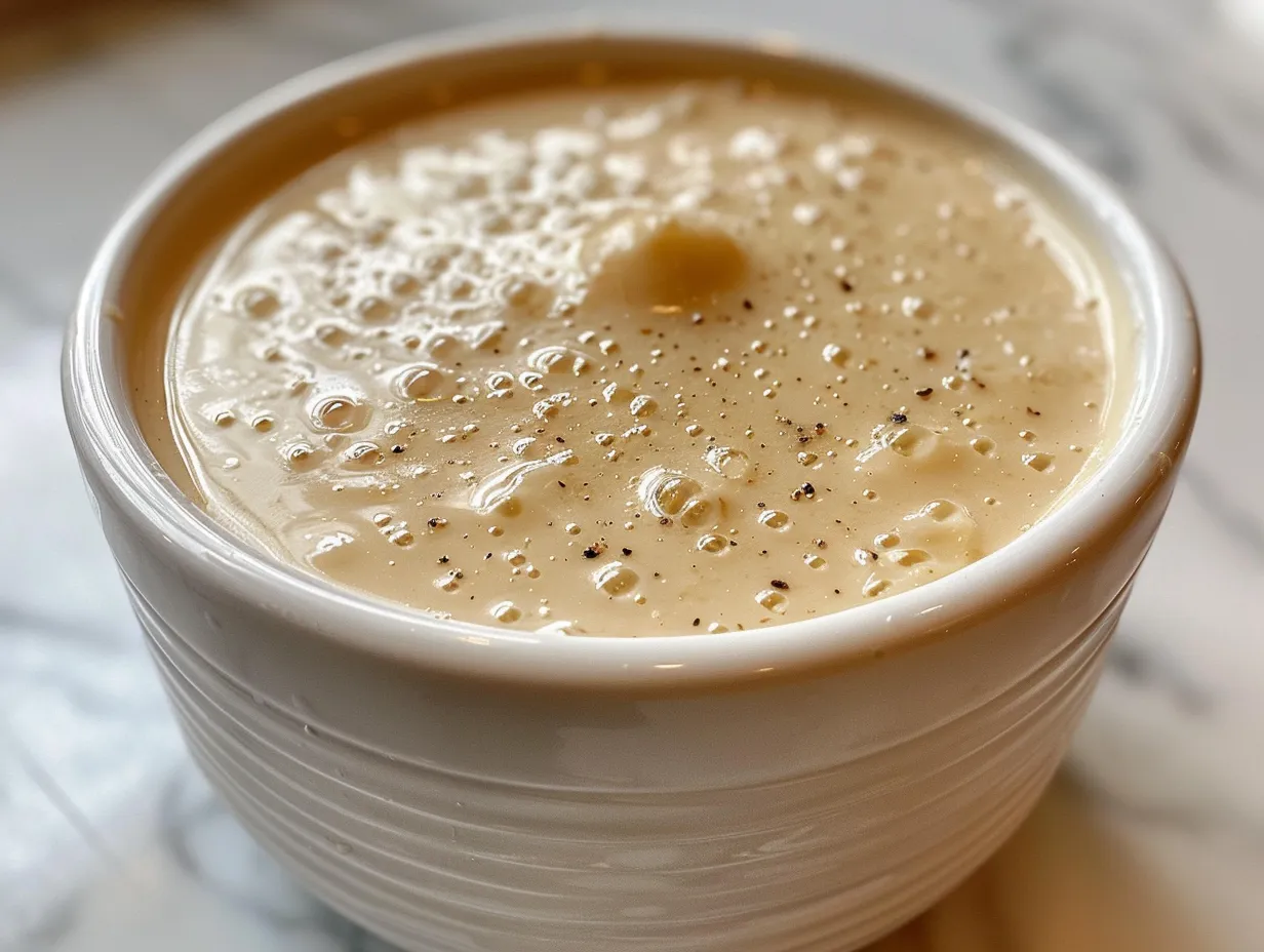 Close-up of creamy homemade bechamel sauce in a saucepan.