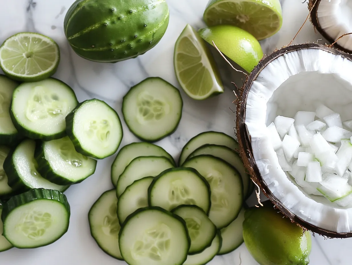 Ingredients for Cucumber-Lime Agua Fresca with Coconut Water, including cucumber, limes, coconut water, and optional sweeteners.