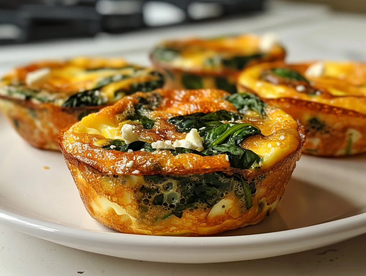 Delicious Egg Muffins with Spinach and Feta on a Rustic Wooden Board