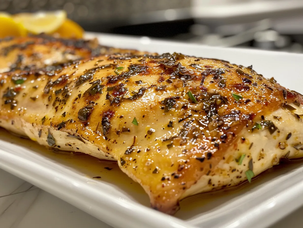 A delicious plate of Greek Chicken served with fresh herbs and lemon