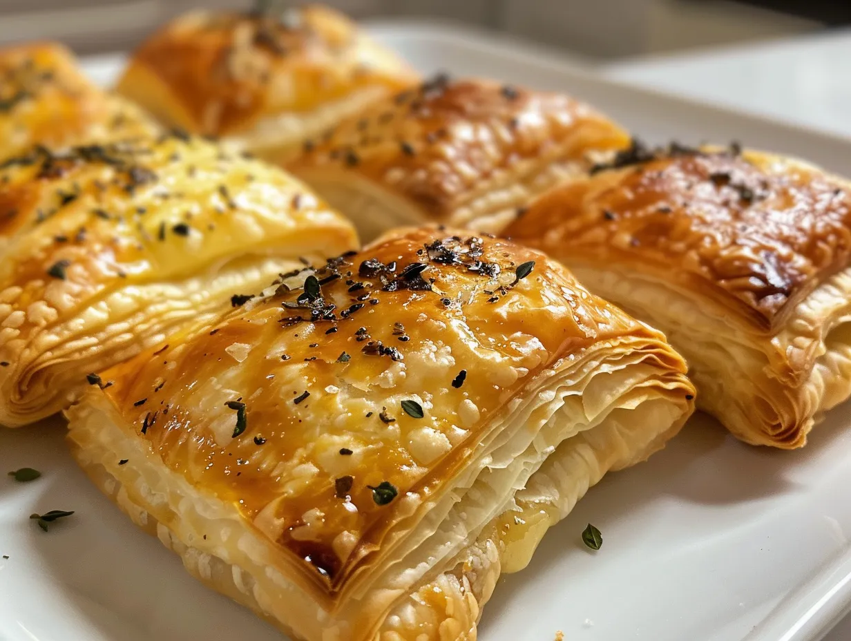Golden brown Herb and Cheese Stuffed Puff Pastry Bites on a plate
