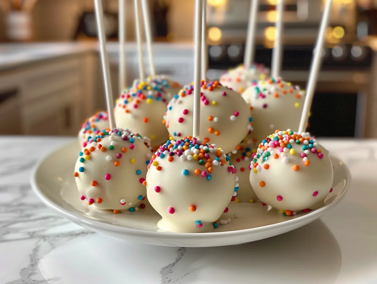 A batch of beautifully decorated homemade cake pops, showcasing various colors and sprinkle designs.