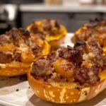 Delicious Sausage and Apple Stuffed Honeynut Squash on a Rustic Wooden Table