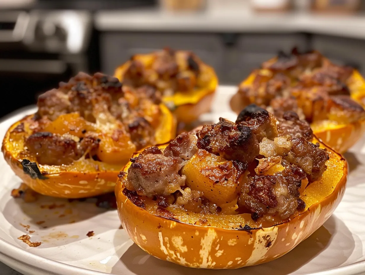 A delicious Sausage and Apple Stuffed Honeynut Squash on a rustic wooden table