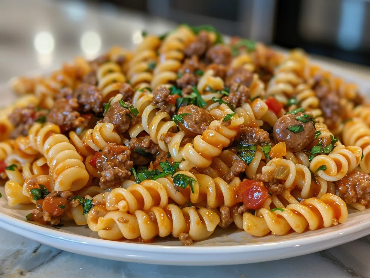 A delicious Sausage Pasta Skillet served in a cast iron skillet.