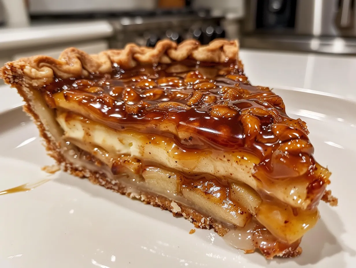 Delicious Slice of Salted Caramel Apple Cheesecake Pie