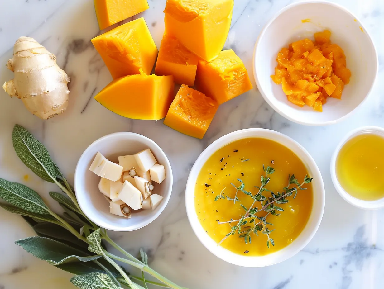 Fresh butternut squash soup ingredients including butternut squash, onion, garlic, and spices.