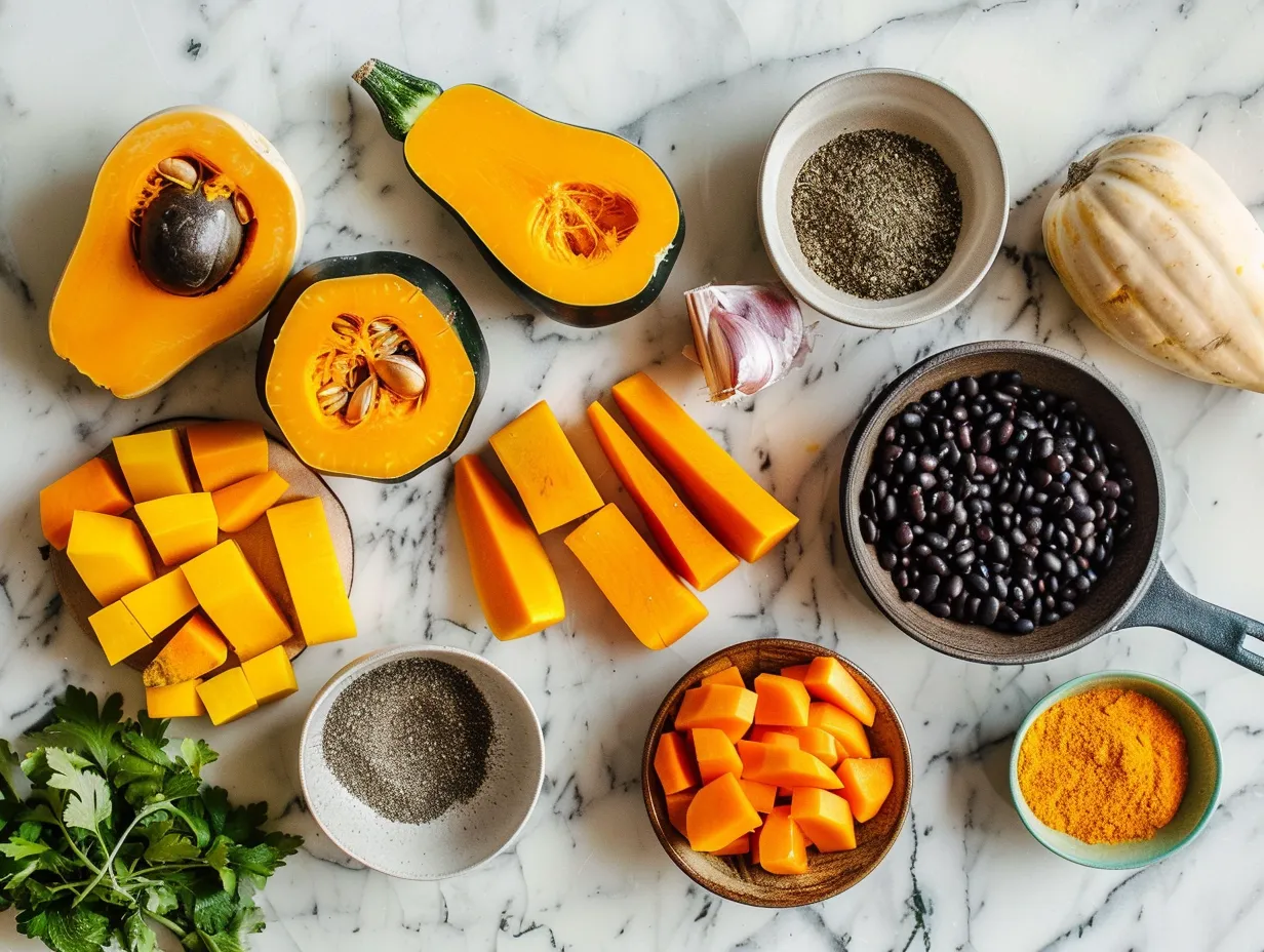 Fresh ingredients for making black bean butternut squash stew