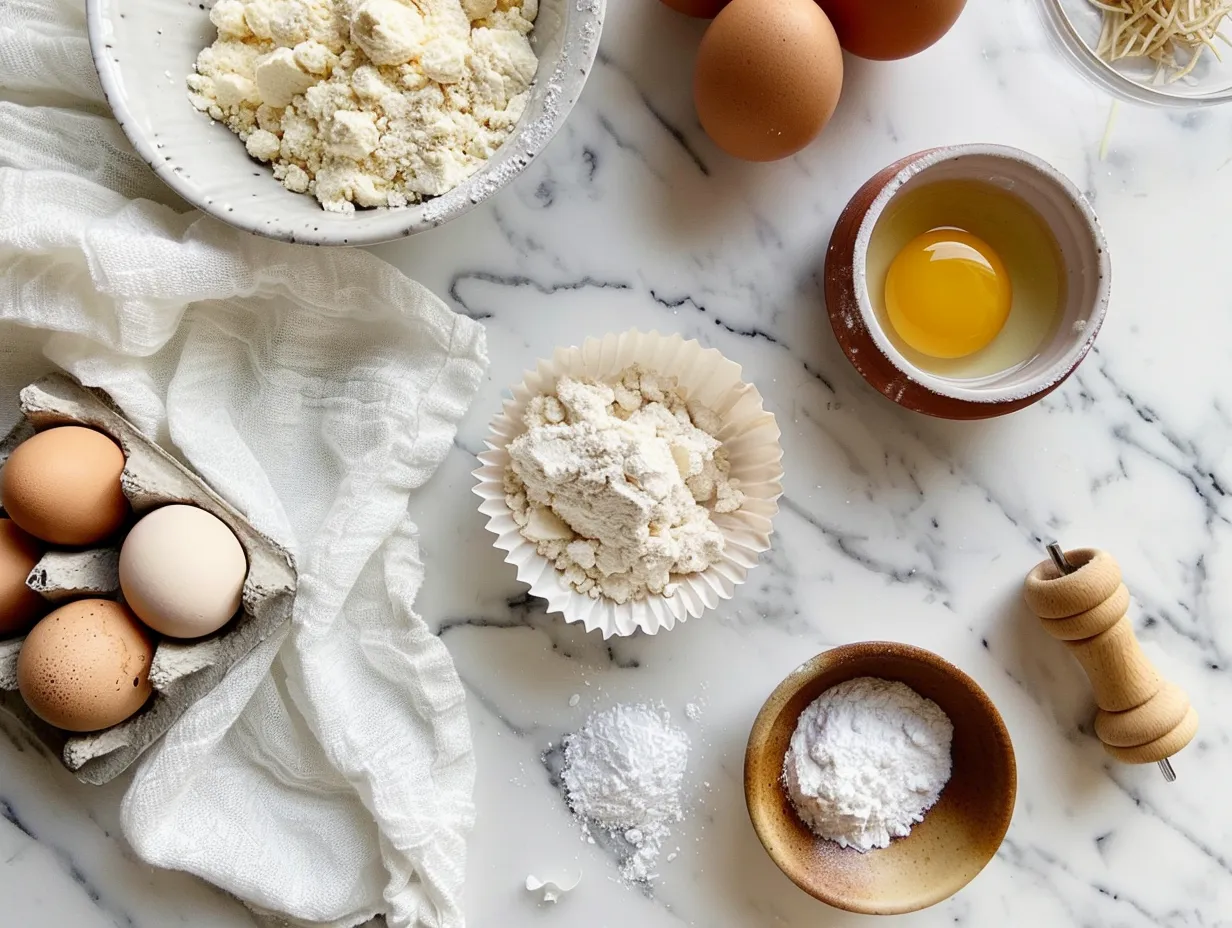 Fresh ingredients for making Fluffy Egg Cups: eggs, milk, cheese, meat, and vegetables.
