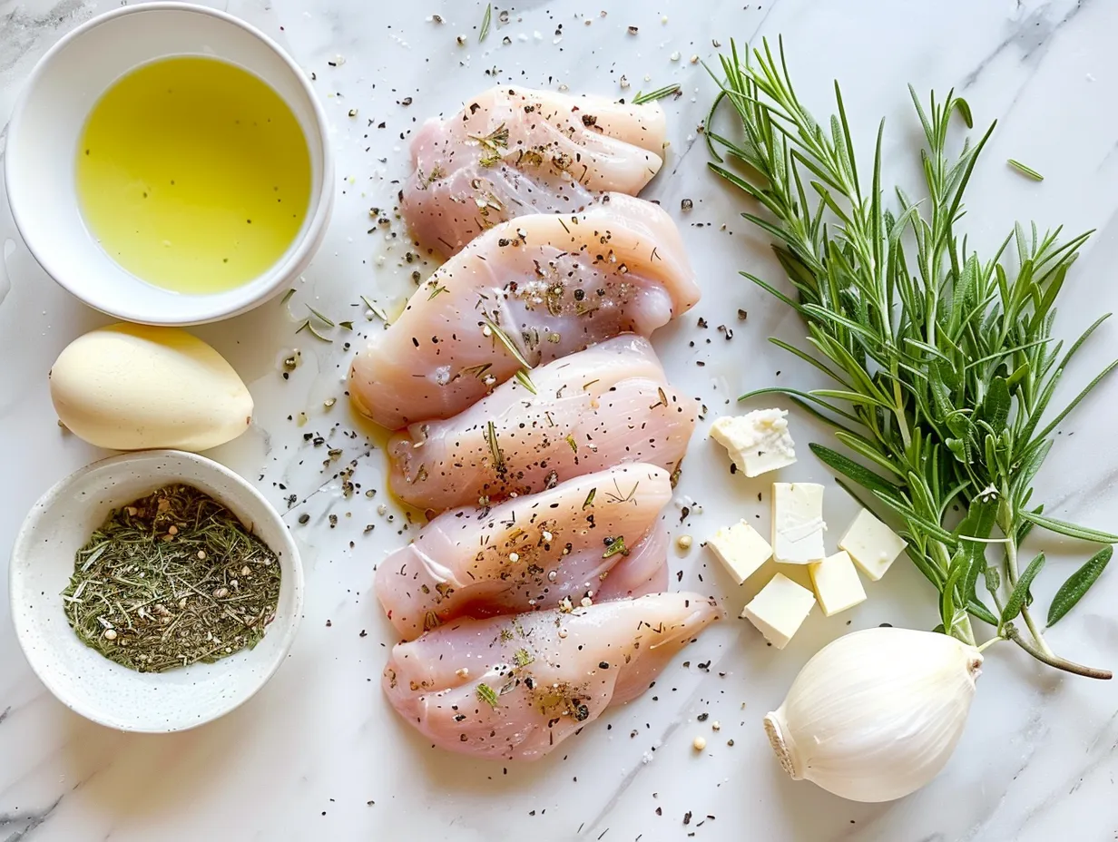 Fresh ingredients including chicken breasts, lemon, and herbs for making Greek Chicken