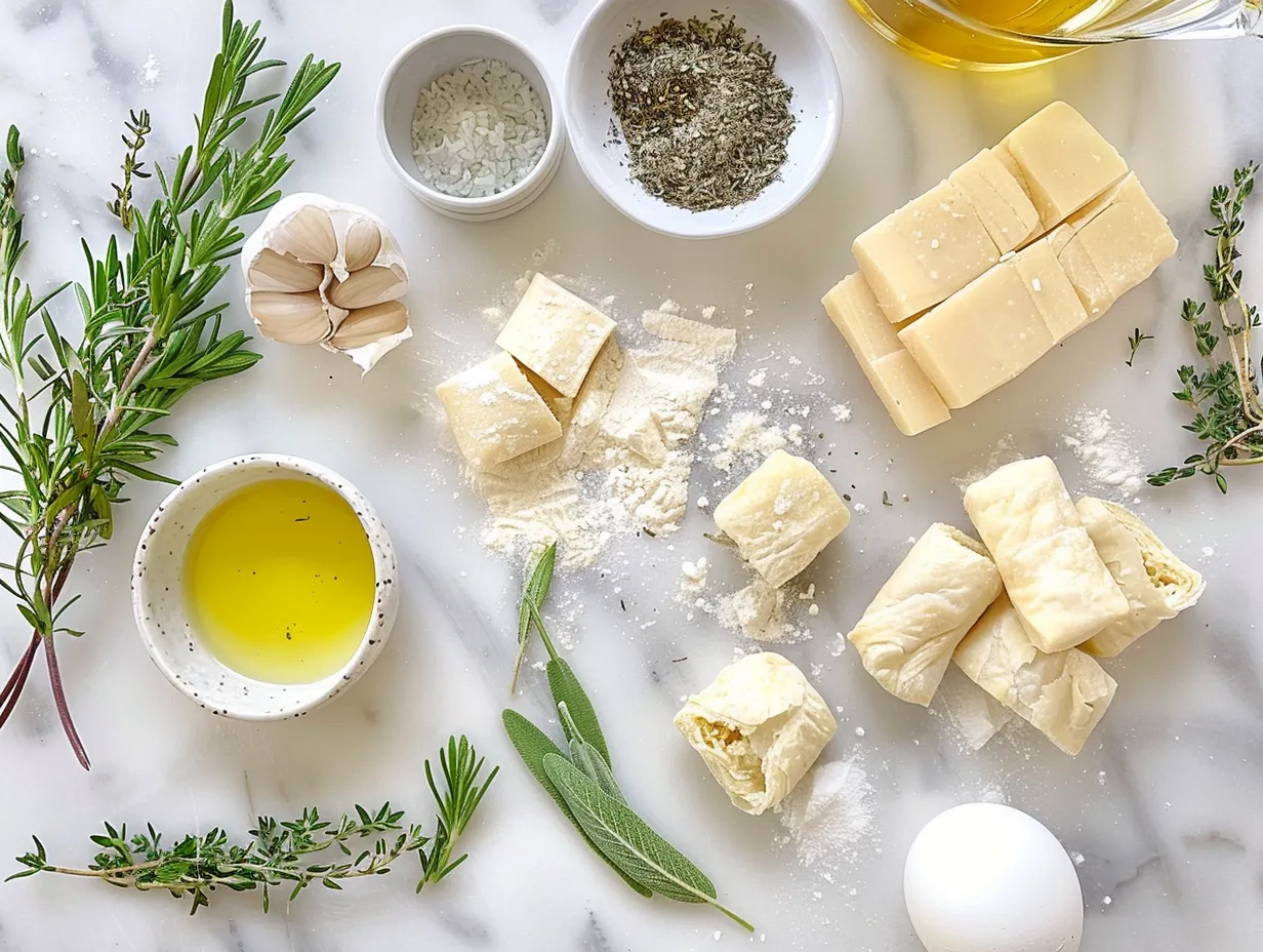 Fresh ingredients including puff pastry, cream cheese, cheddar, mozzarella, and herbs for making Herb and Cheese Stuffed Puff Pastry Bites