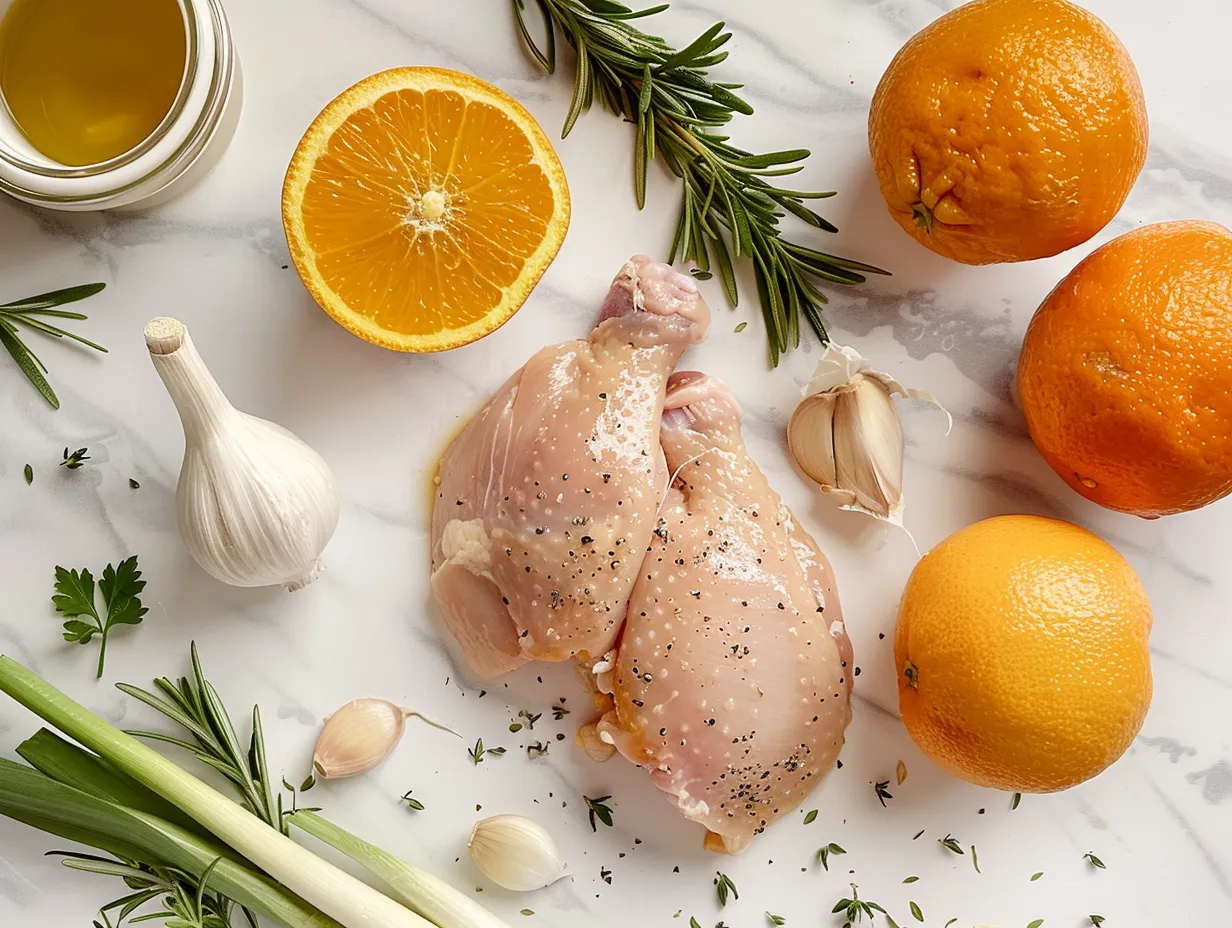Fresh ingredients including chicken, oranges, and spices arranged for preparing orange chicken recipe