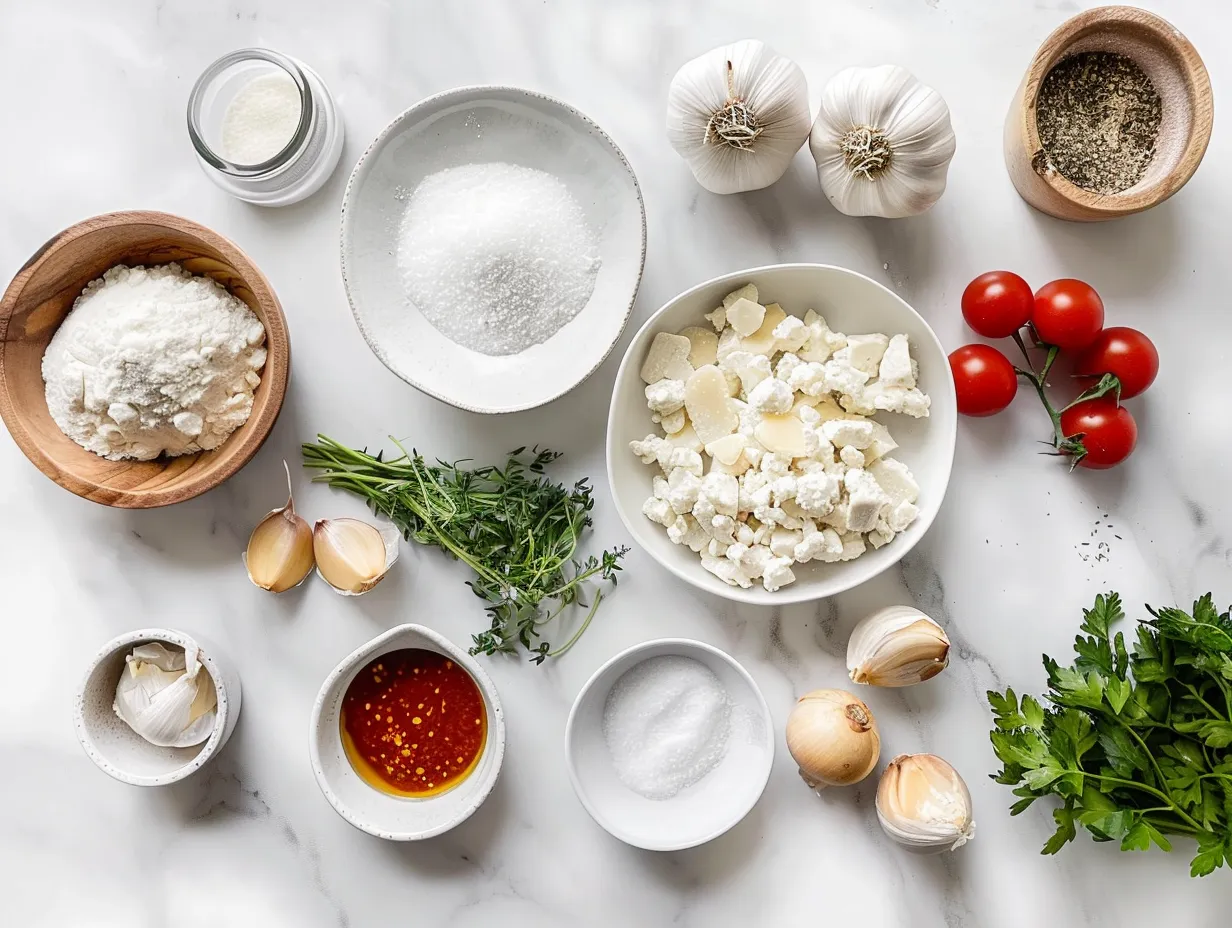Fresh ingredients for making a delicious Roasted Garlic White Chicken Pizza