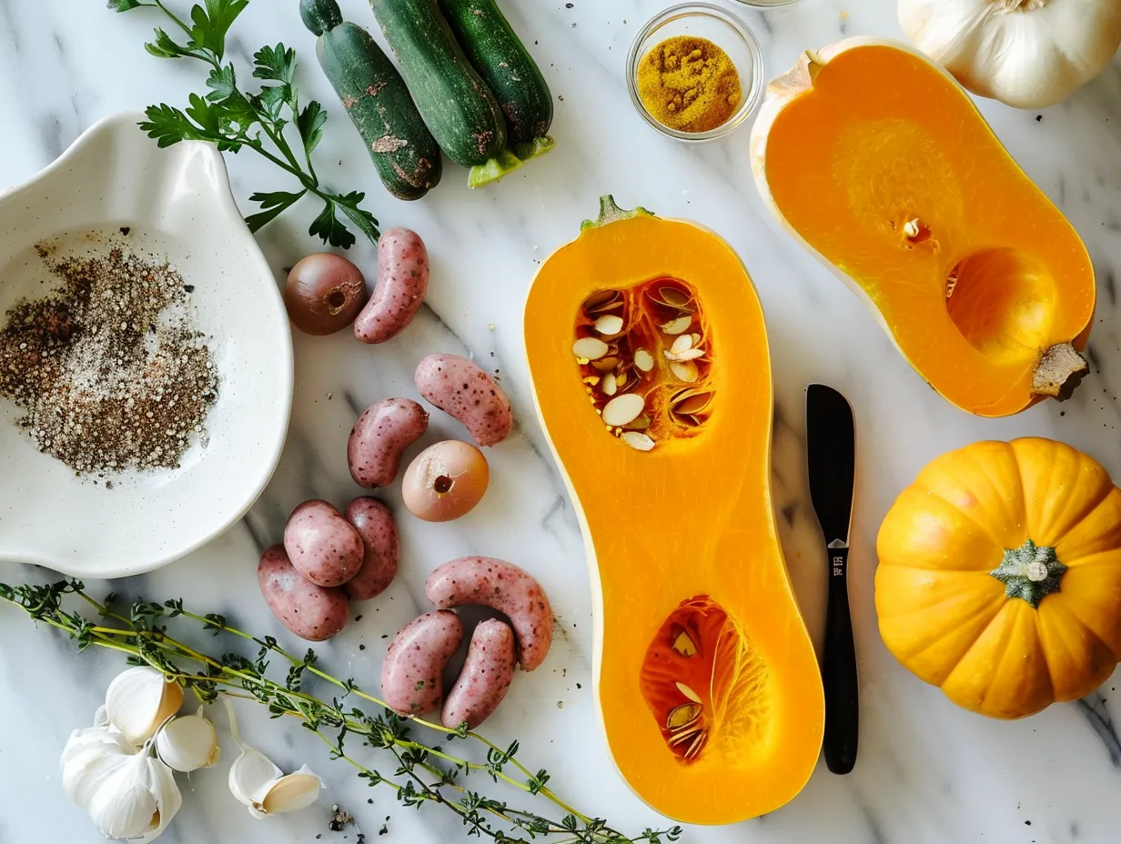 Fresh ingredients ready to make sausage and apple stuffed honeynut squash