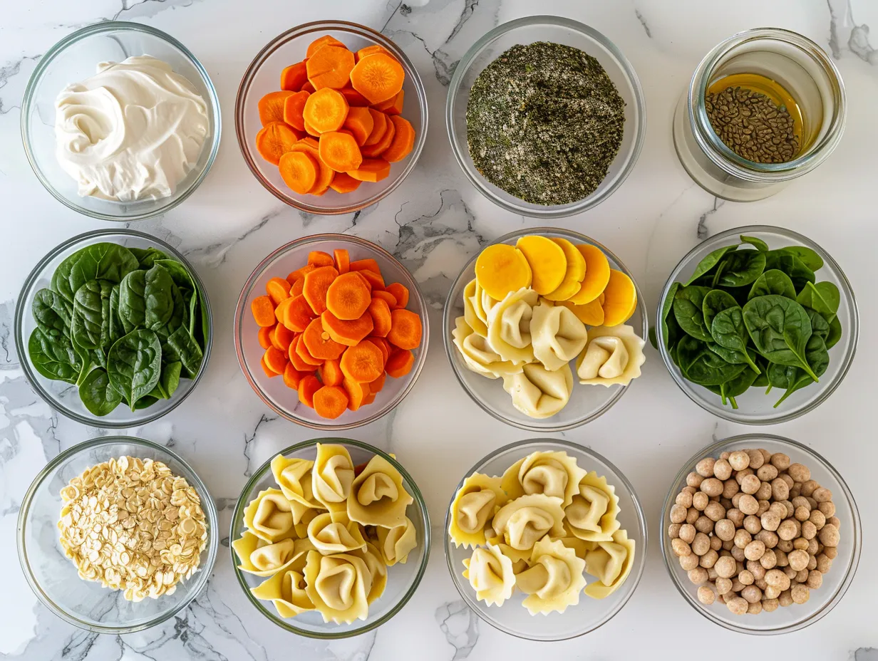 Fresh ingredients for making Creamy Sausage Tortellini Soup with Sweet Potato and Spinach including sausage, sweet potato, onion, garlic, and spices.