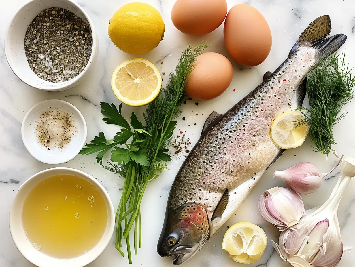 Fresh trout fillets with lemon, garlic, and herbs ready for baking.