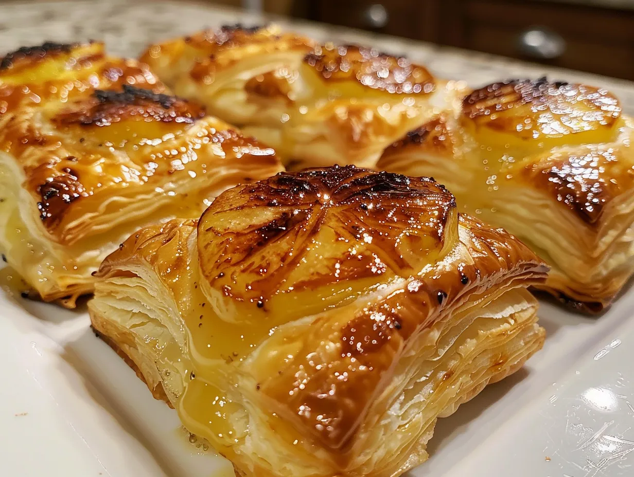 golden apple and brie puff pastry bites displayed on a serving platter.