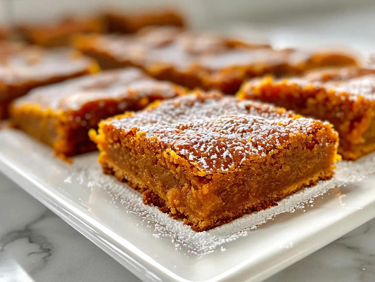 Close up of homemade pumpkin bars covered in cream cheese frosting