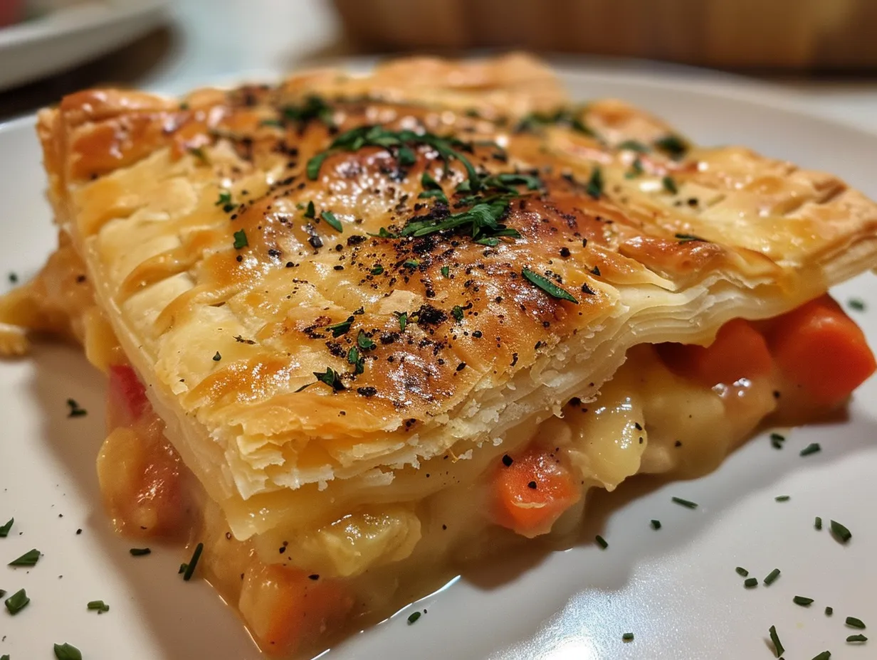 Homemade slow cooker chicken pot pie with golden brown biscuits.