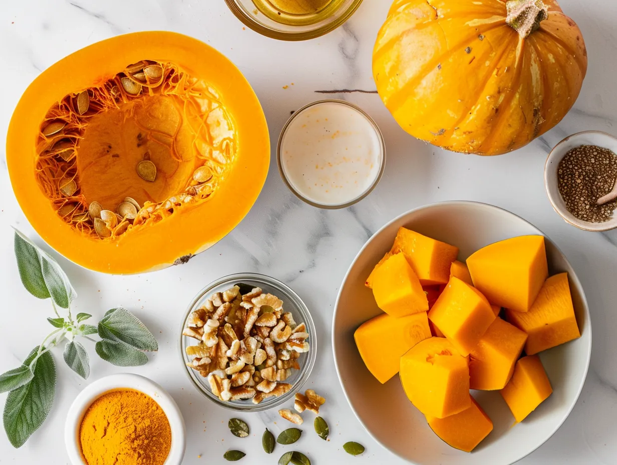 Ingredients for making Brown Sugar Roasted Butternut Squash, including butternut squash, olive oil, brown sugar, cinnamon, salt, and pepper.