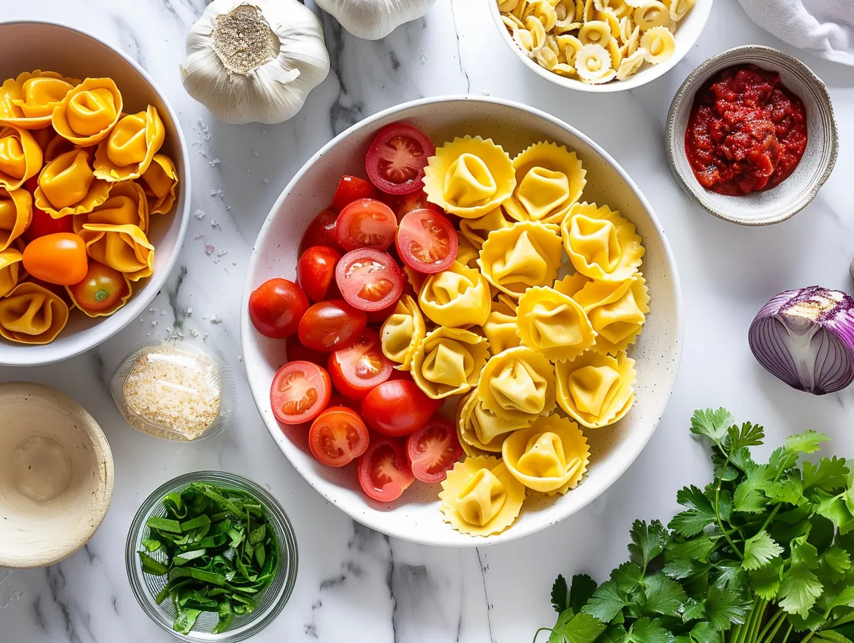 Ingredients for making Cheesy Beef Enchilada Tortellini, including ground beef, cheese tortellini, diced tomatoes, enchilada sauce, cheese, sour cream, and taco seasoning.