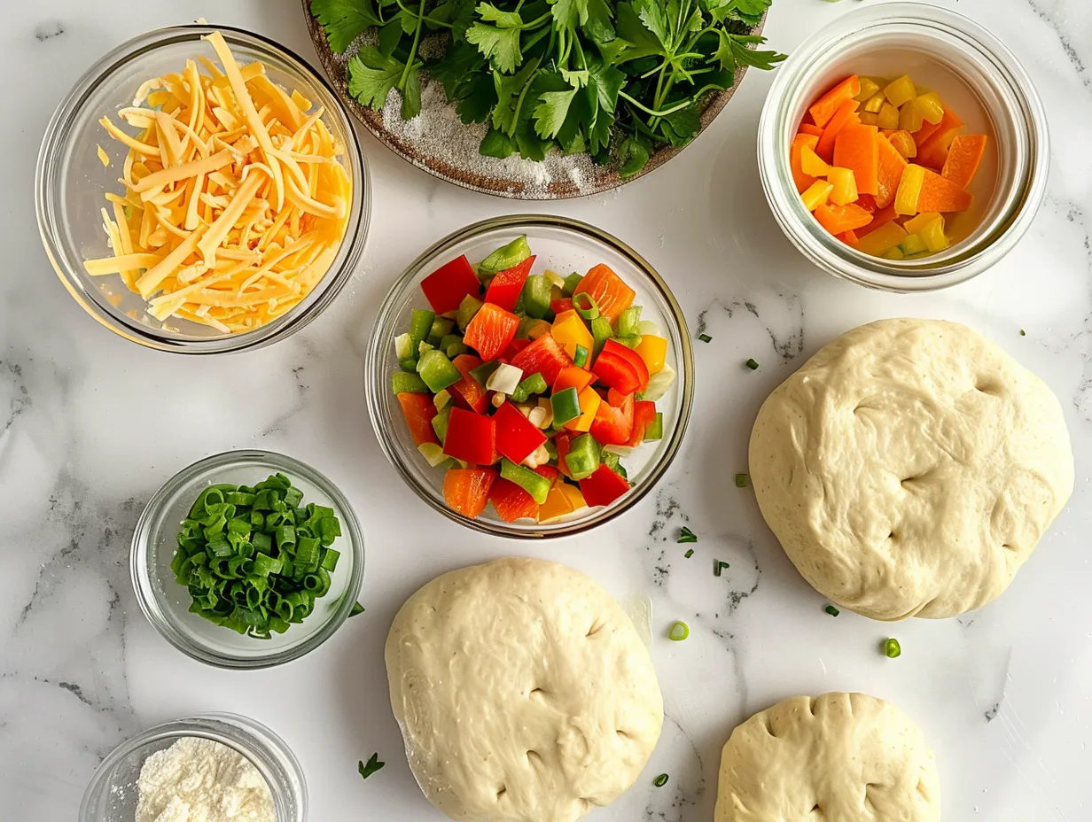 Ingredients needed to make Cheesy Veggie Crescent Bites, displayed on a marble surface