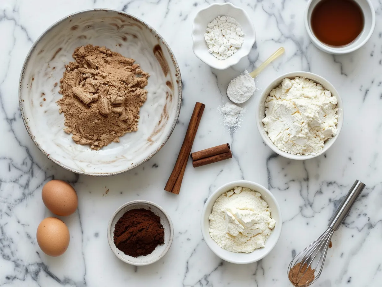 Ingredients for Cinnamon Roll Honeybun Cheesecake: cinnamon rolls, cream cheese, sugar, egg, vanilla extract, butter, honey, and powdered sugar.