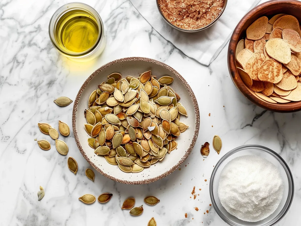 Ingredients for Cinnamon Sugar Baked Pumpkin Seeds Recipe laid out on a wooden table