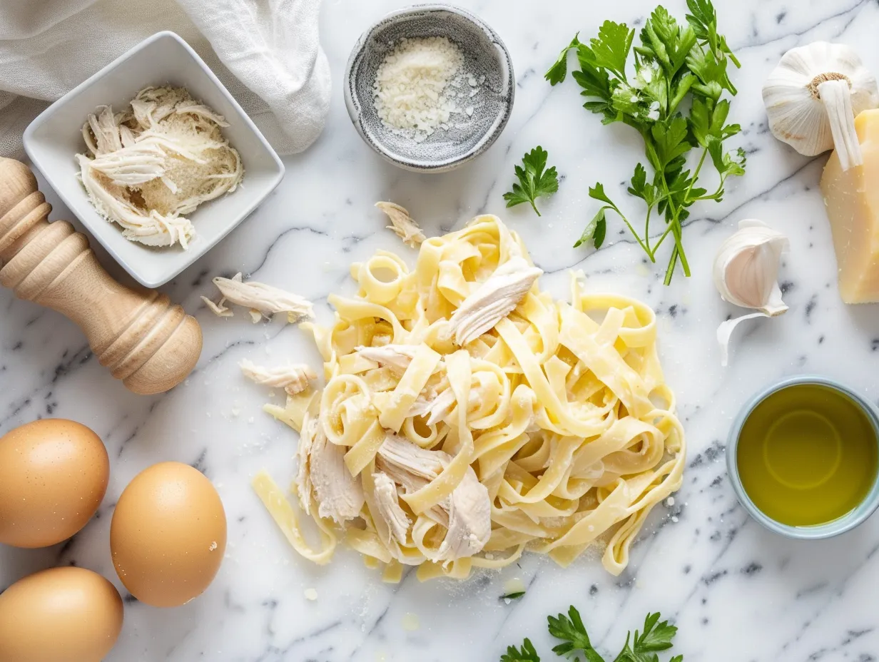 Ingredients needed for Creamy Chicken Alfredo Pasta, including fettuccine, chicken, butter, garlic, cream, Parmesan cheese, salt, pepper, and olive oil.