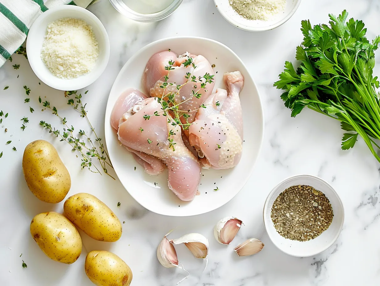 Ingredients for Crockpot Garlic Parmesan Chicken and Potatoes, including chicken, potatoes, garlic, Parmesan cheese, and spices.