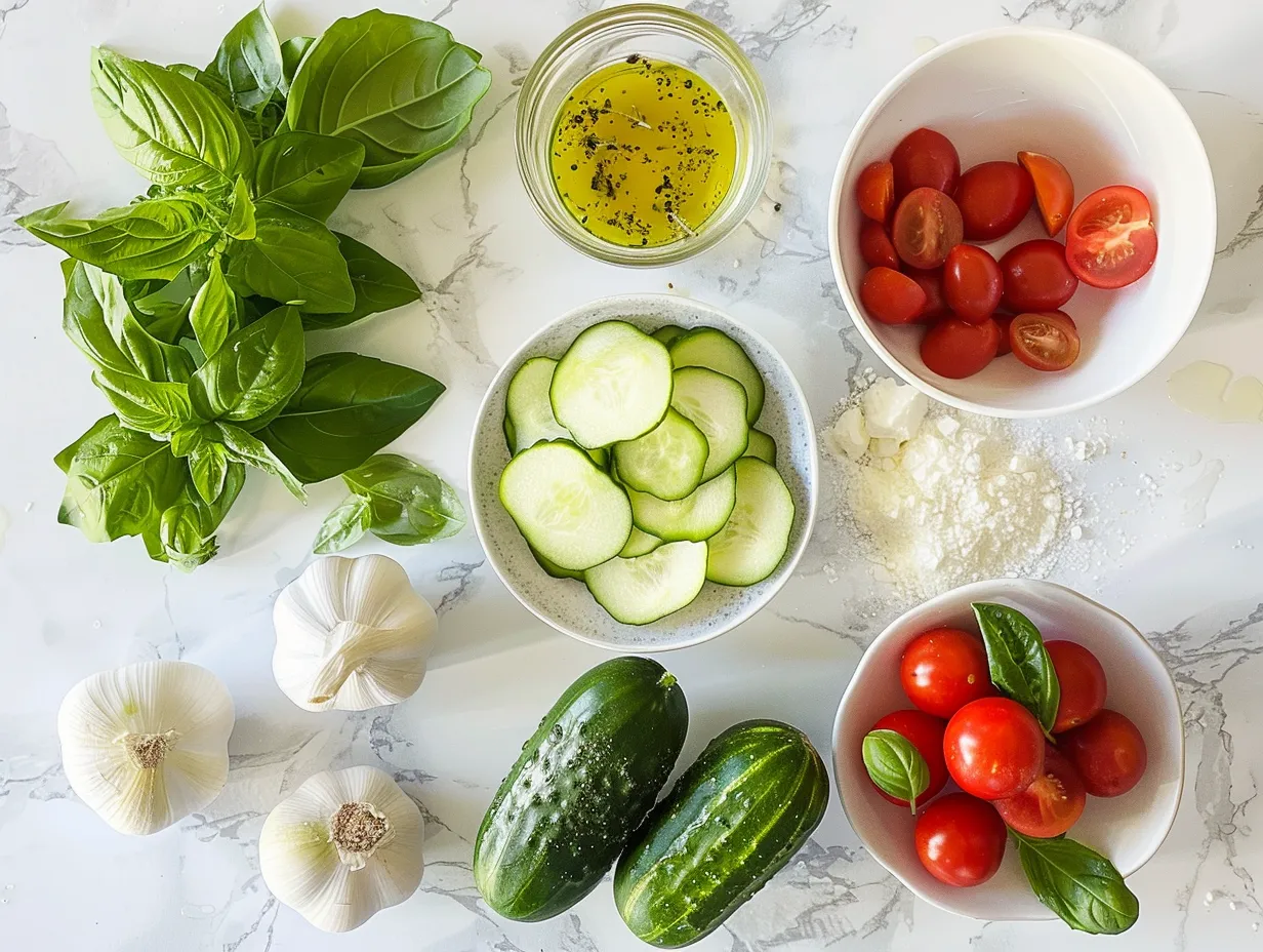 Ingredients for Cucumber Caprese Salad on a marble countertop: cucumbers, cherry tomatoes, mozzarella balls, basil, balsamic glaze, olive oil, salt, and pepper.