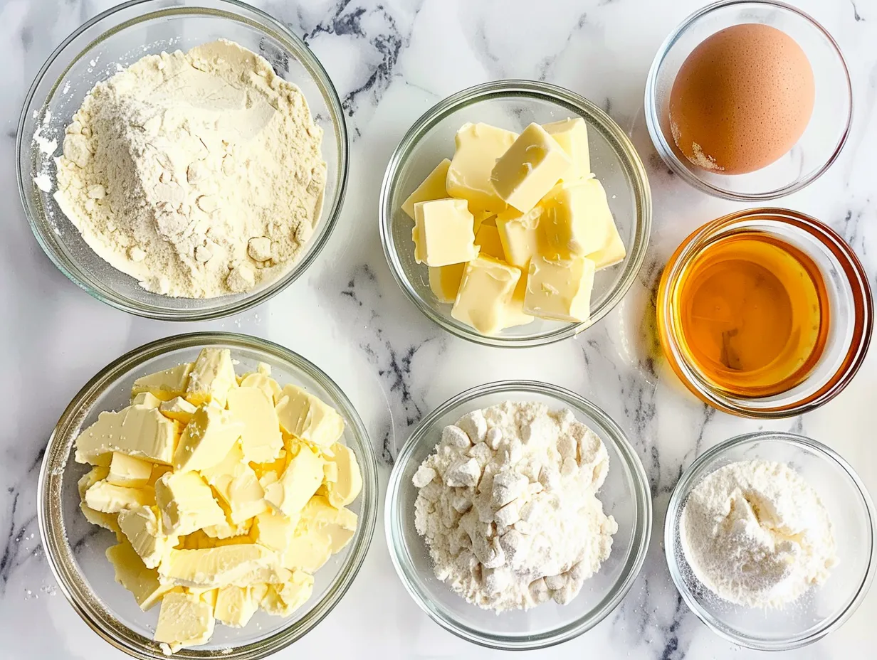 Ingredients for making French Salted Butter Cookies including butter, sugar, flour, eggs, and sea salt.