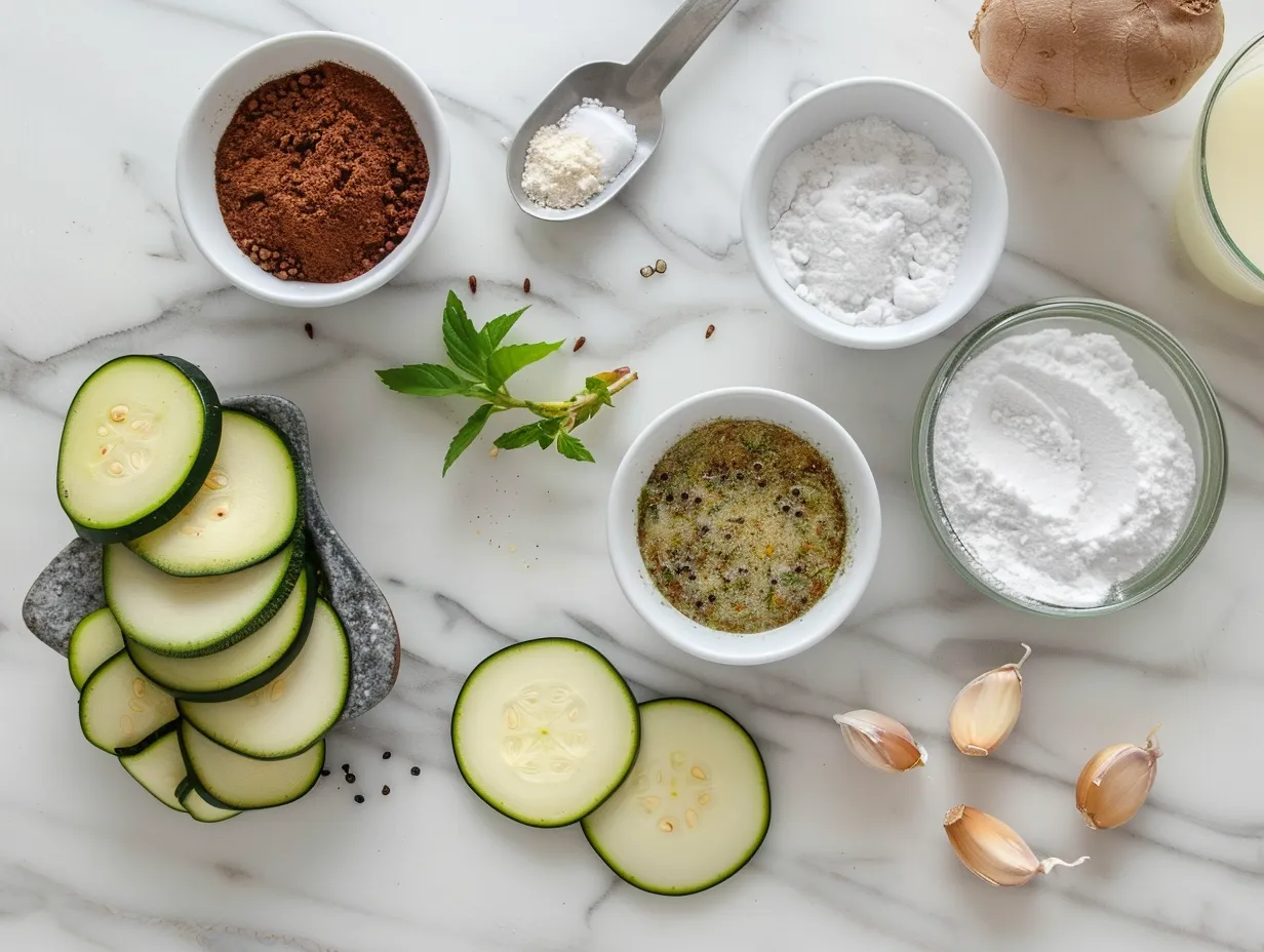 Ingredients for making frosted zucchini spice bars including flour, sugar, spices, zucchini, eggs, and frosting ingredients.