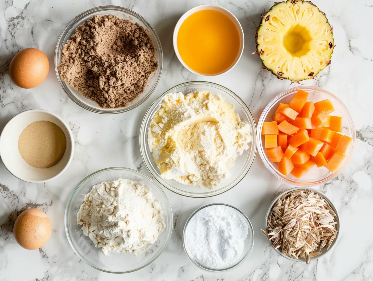 Ingredients needed to make the Hawaiian Pineapple Carrot Cream Cake