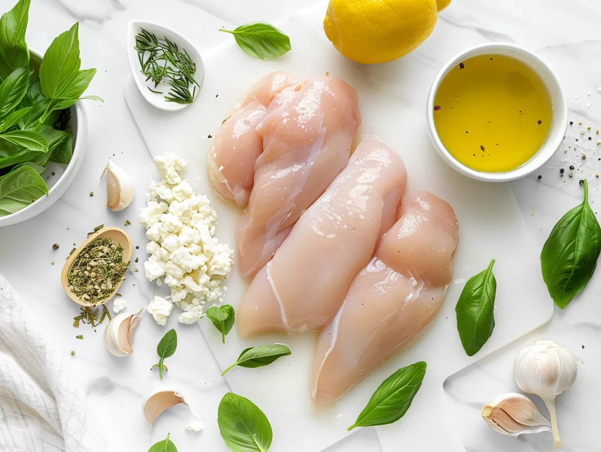 Ingredients for Hot Honey Infused Feta Chicken including chicken breasts, feta, hot honey, and spices
