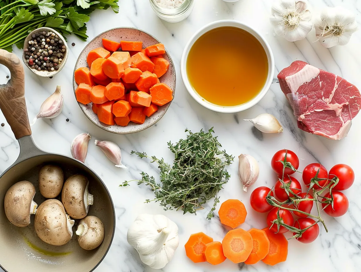 Ingredients for a delicious and easy One-Pot Cowboy Stew recipe.